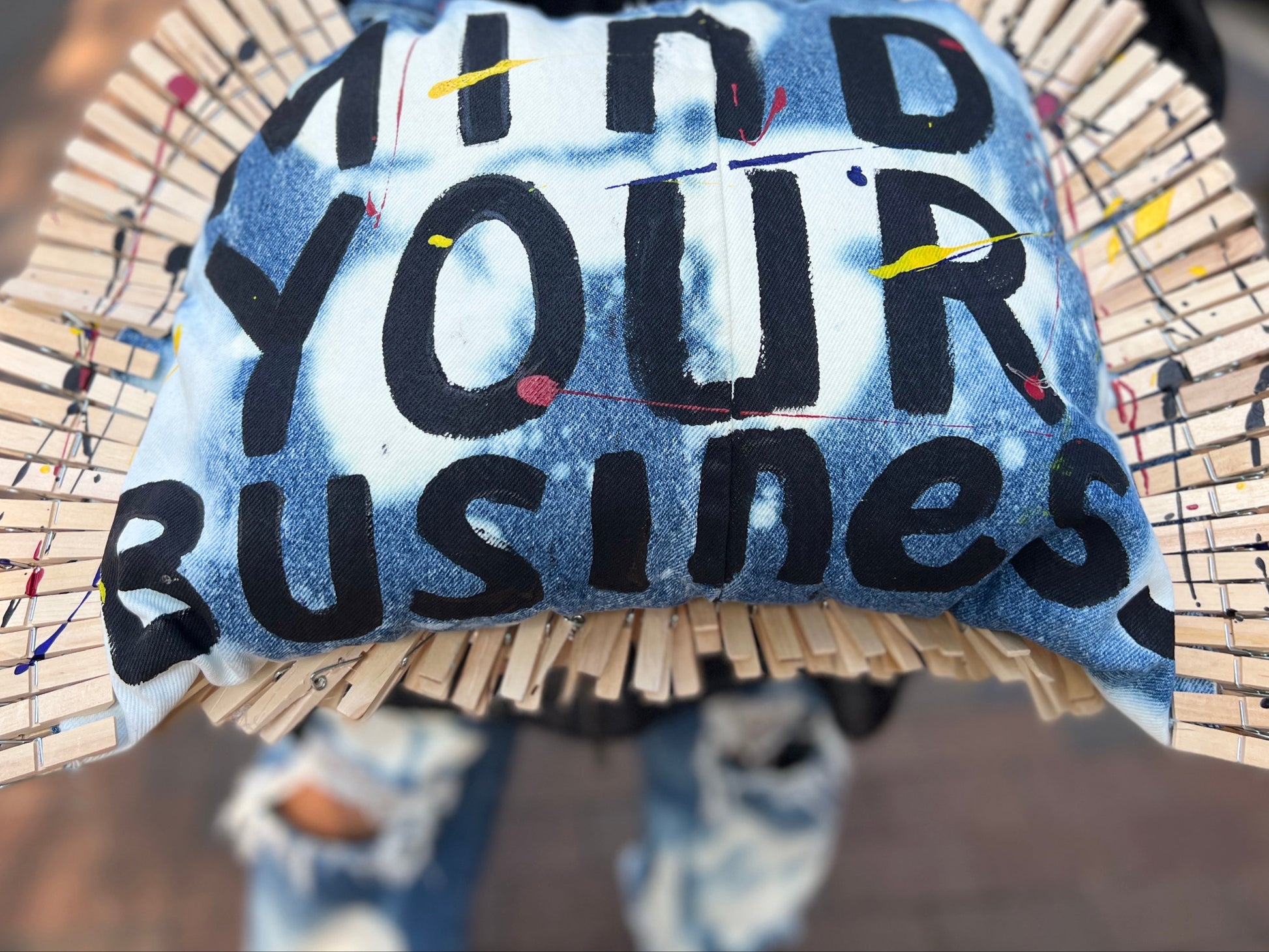 Stay Out My Business Clothes Pin Reworked Denim Jean Bag XL