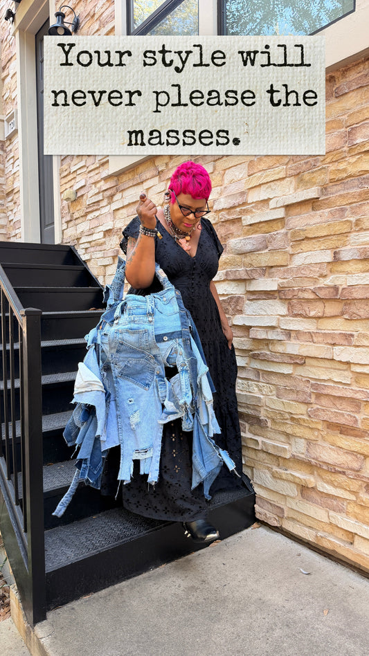 Tangie Bell wearing a black eyelet dress and handmade upcycled denim patchwork bag — Wear What The Funk You Want, Funky Grunge Boutique