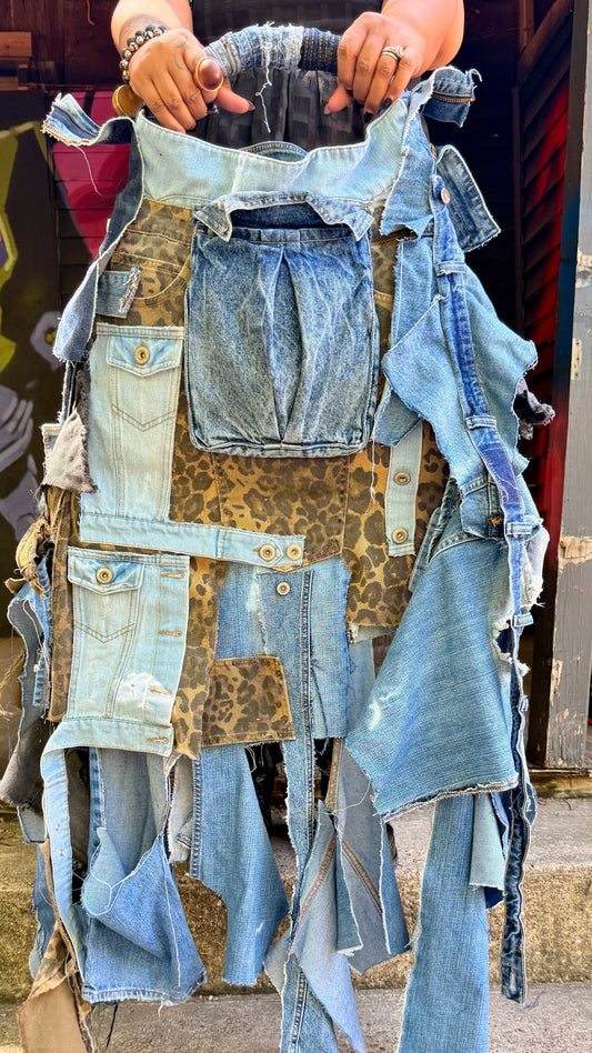 handmade denim big bag with pockets and lots of greenery apart of the ugly denim bag collection for Funky Grunge Boutique