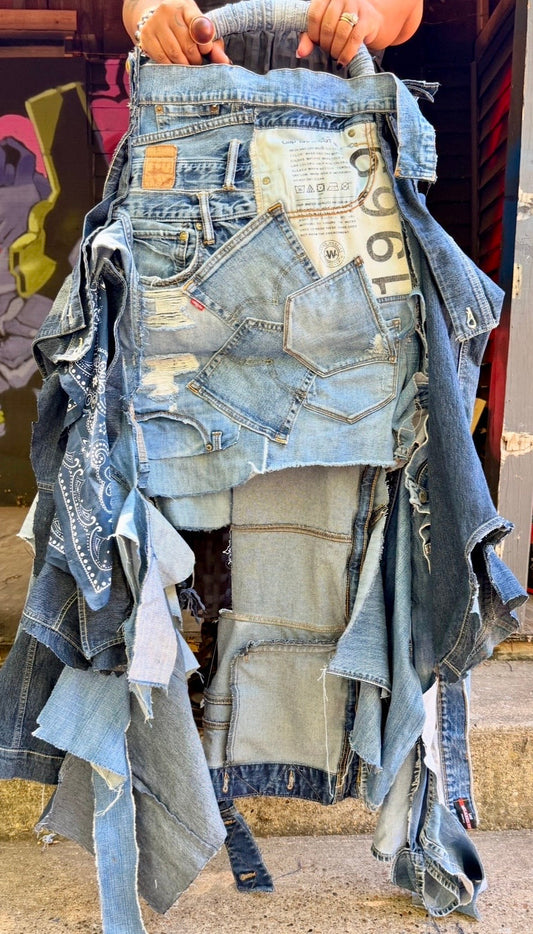 Upcycled handmade denim frayed big jean bag. Handmade by Tangie Bell for Funky Grunge Boutique