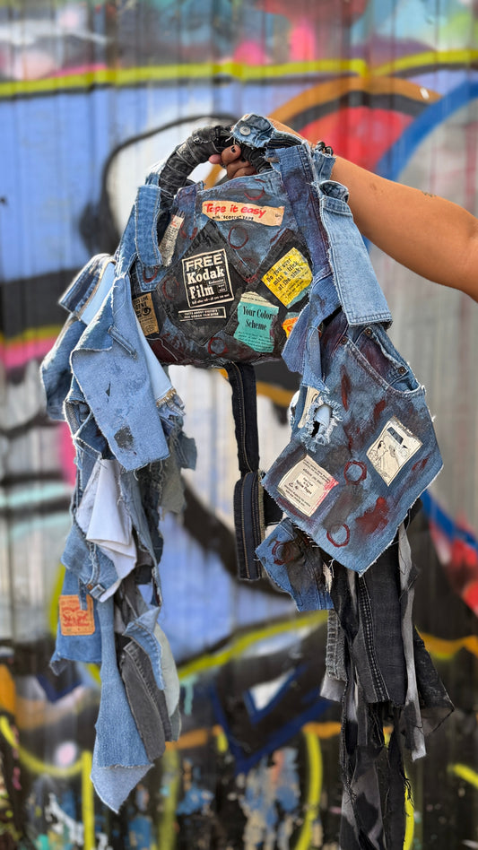 Two-sided Ugly Denim decoupage handbag with vintage-inspired paper collage, painted details and long frayed denim strips.