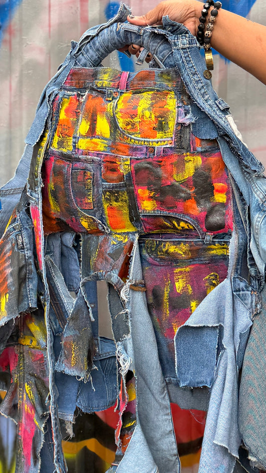 Painted side of Mood Switch Ugly Denim handbag with yellow, orange, pink and black patchwork pockets and long frayed denim strips.