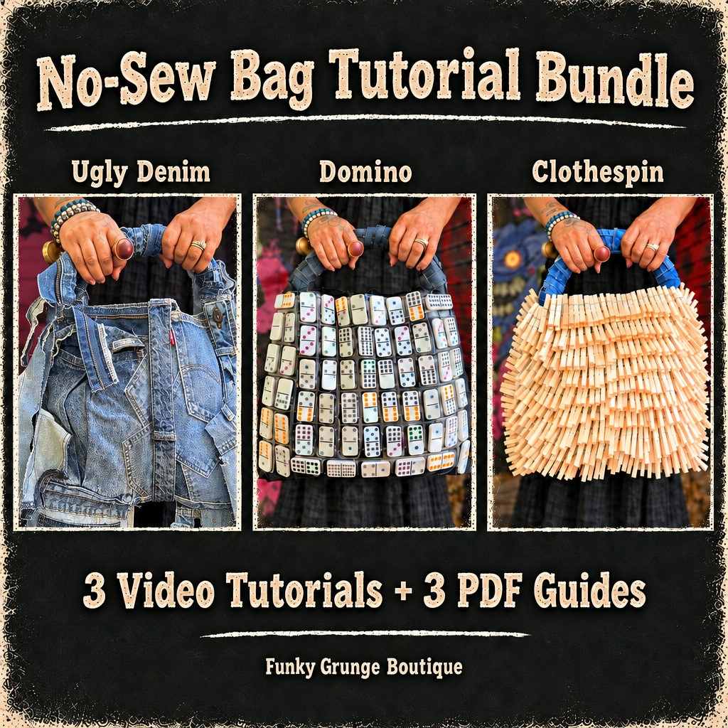 No-Sew Bag Tutorial Bundle showing the Ugly Denim, Domino, and Clothespin bags, with three video tutorials and three PDF guides from Funky Grunge Boutique.