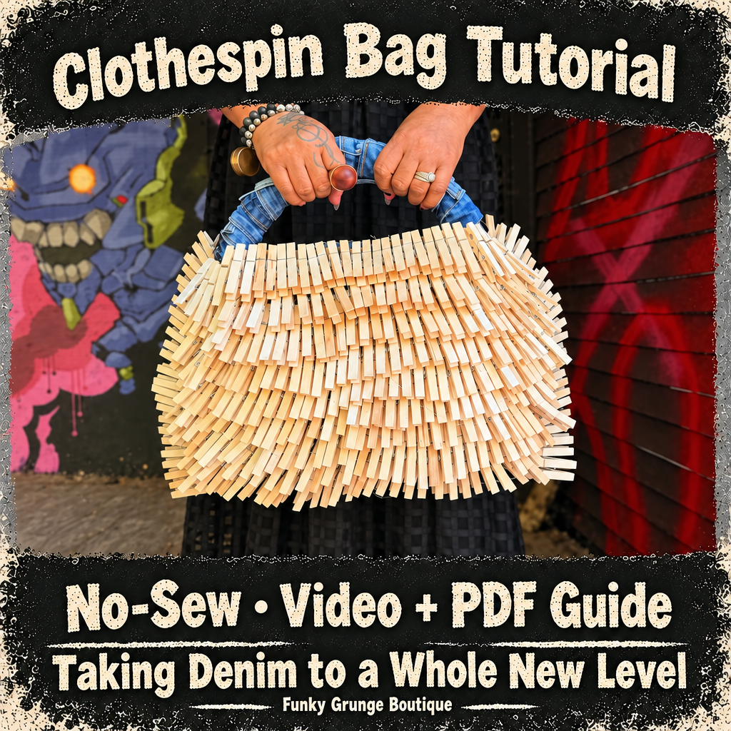 Clothespin Bag Tutorial cover showing a denim-handled handbag layered with wooden clothespins, labeled No-Sew Video + PDF Guide and Taking Denim to a Whole New Level.