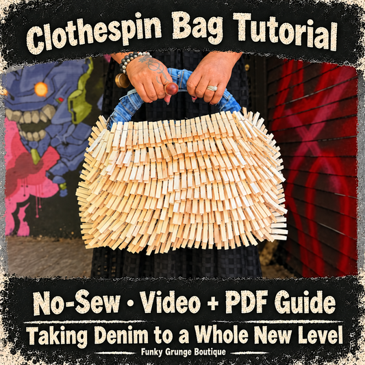 Clothespin Bag Tutorial cover showing a denim-handled handbag layered with wooden clothespins, labeled No-Sew Video + PDF Guide and Taking Denim to a Whole New Level.