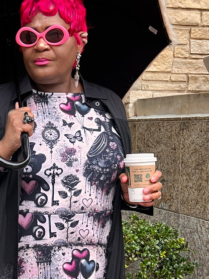 Tangie Bell Wearing  Funky Grunge Soft Girl Lifestyle Dress And Holding Coffee