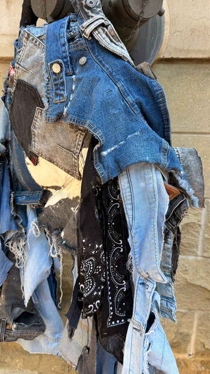 Side view of shaggy upcycled denim handbag with hanging denim strips, black bandana fabric, and layered distressed patchwork.