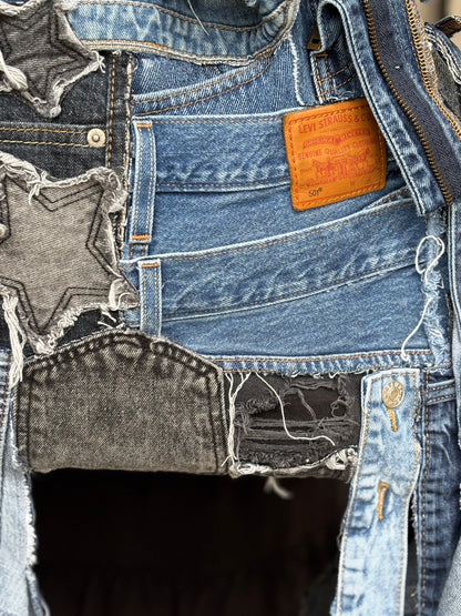 Close up denim bag with patch wor