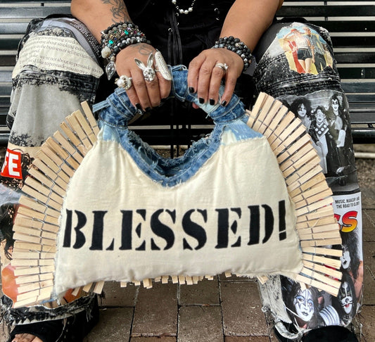 Blessed Clothespin Fashion V-Neck Upcycled Denim Handbag Purse: Unique Style