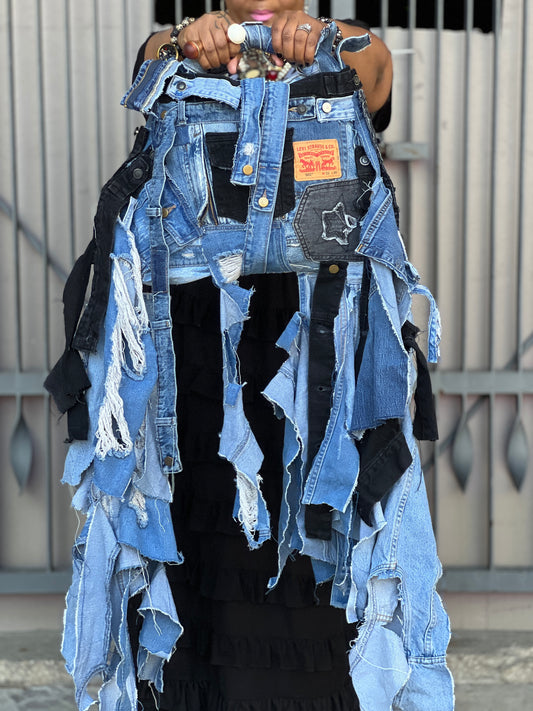 Handmade Ugy denim Bag Held By Woman To Show Off Funky Grunge Boutique
