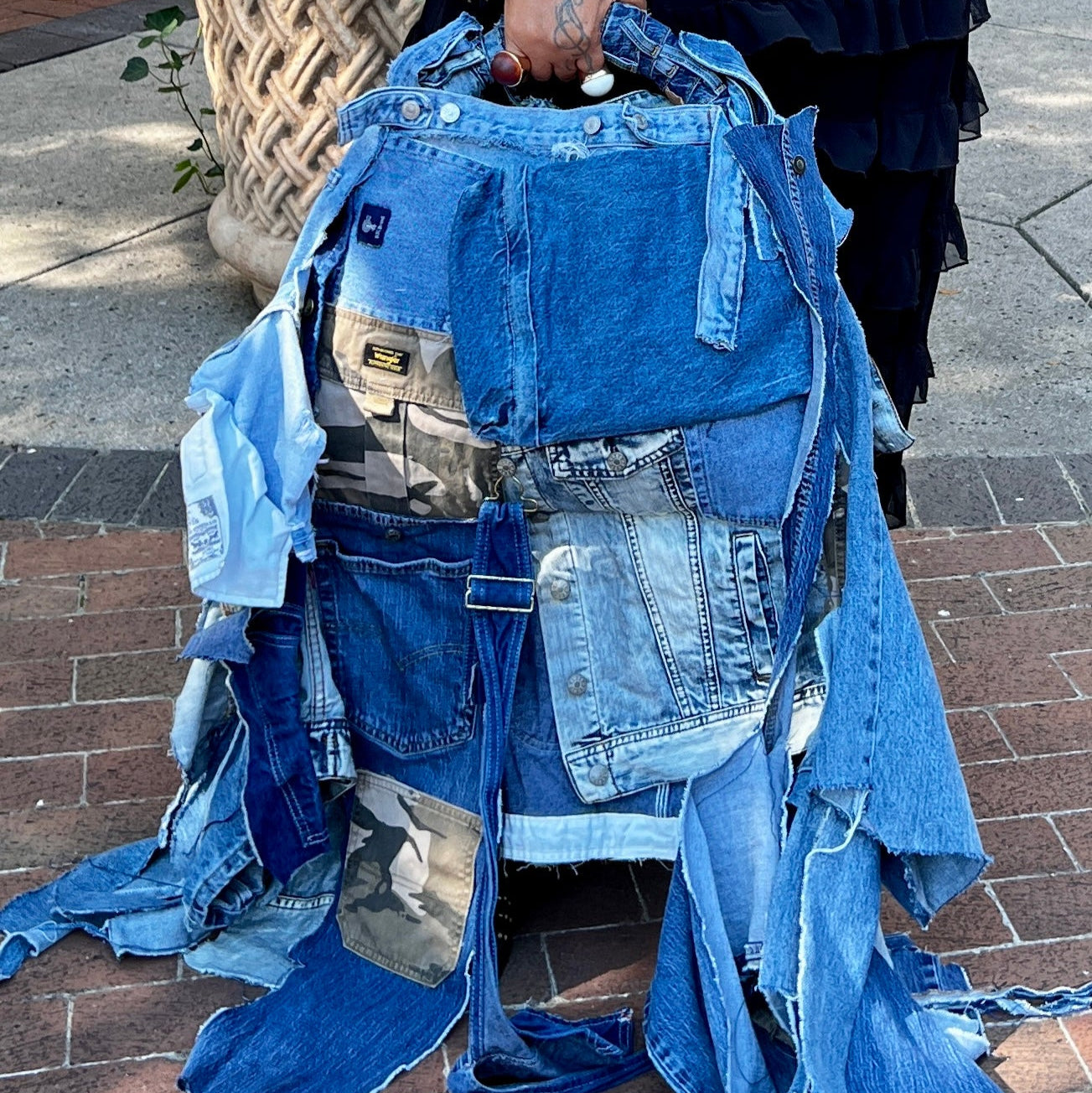 Ugly Camo Denim Bag Show Off Held By Woman For Funky Grunge Boutique
