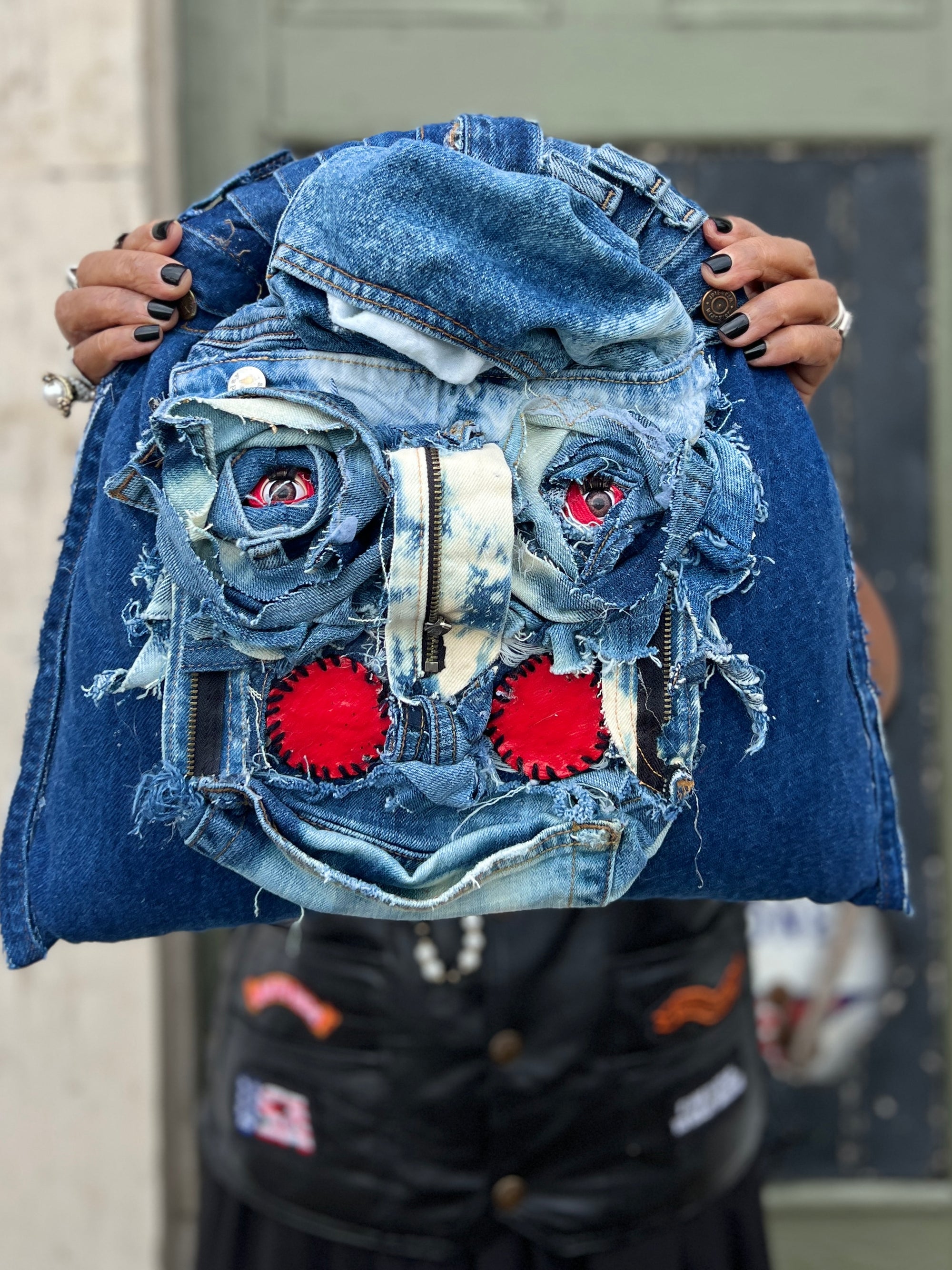 Handmade Upcycled Ugly Funky Face Denim Over The Top Bag Purse