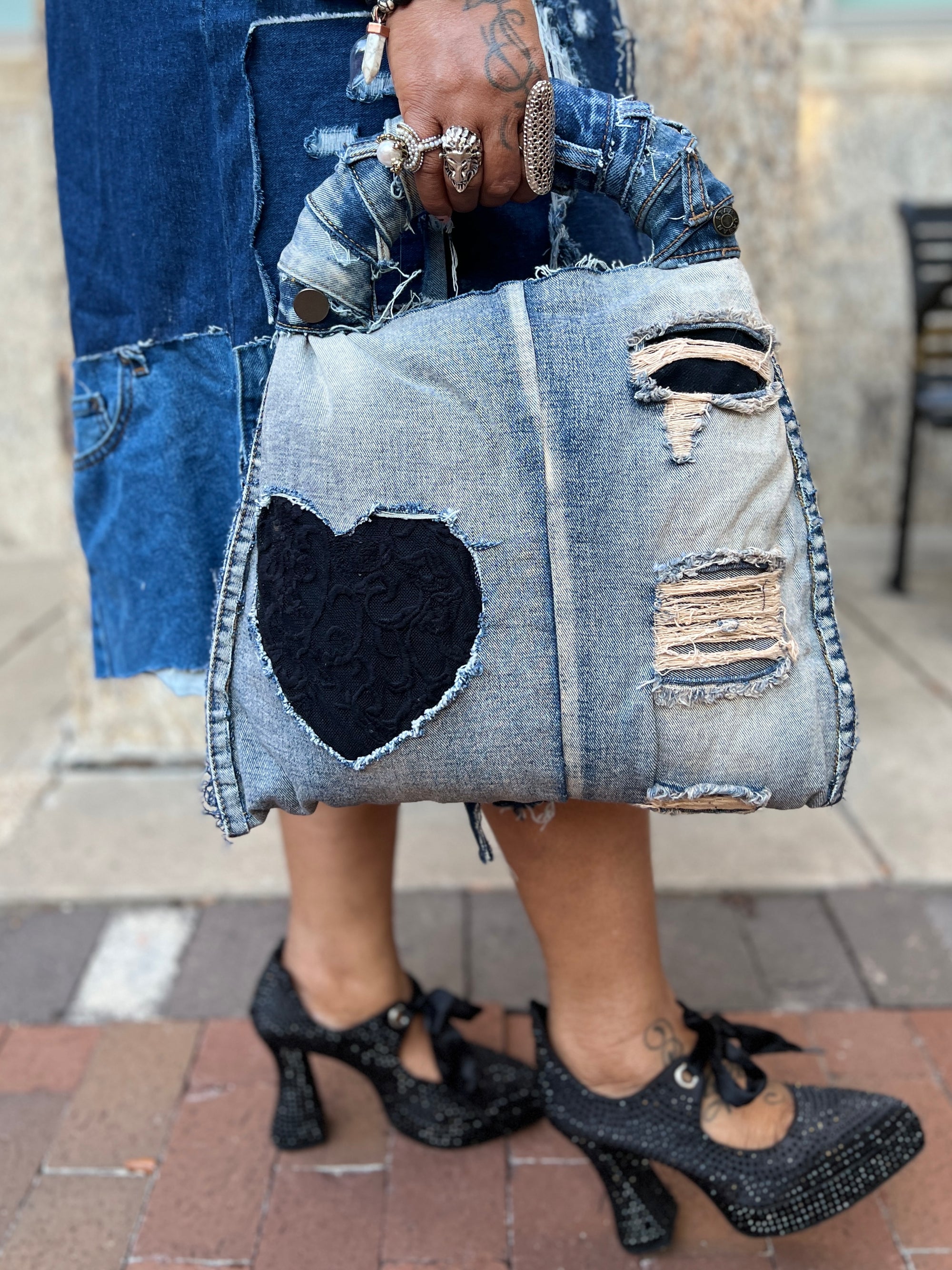 Dingy Blue Black Ugly Heart Denim Bag: Super Cute And Unique