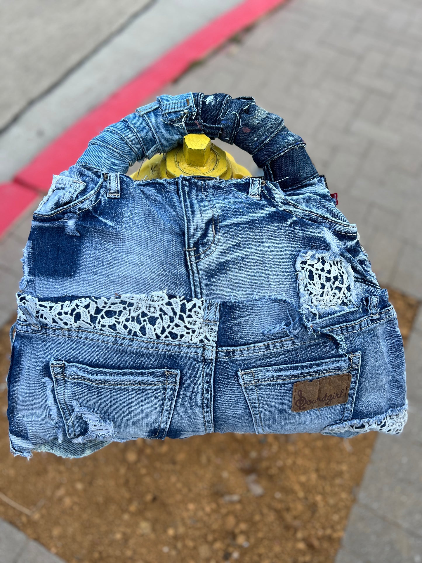 Lace Back Front Pockets Ugly Denim Patch Bag