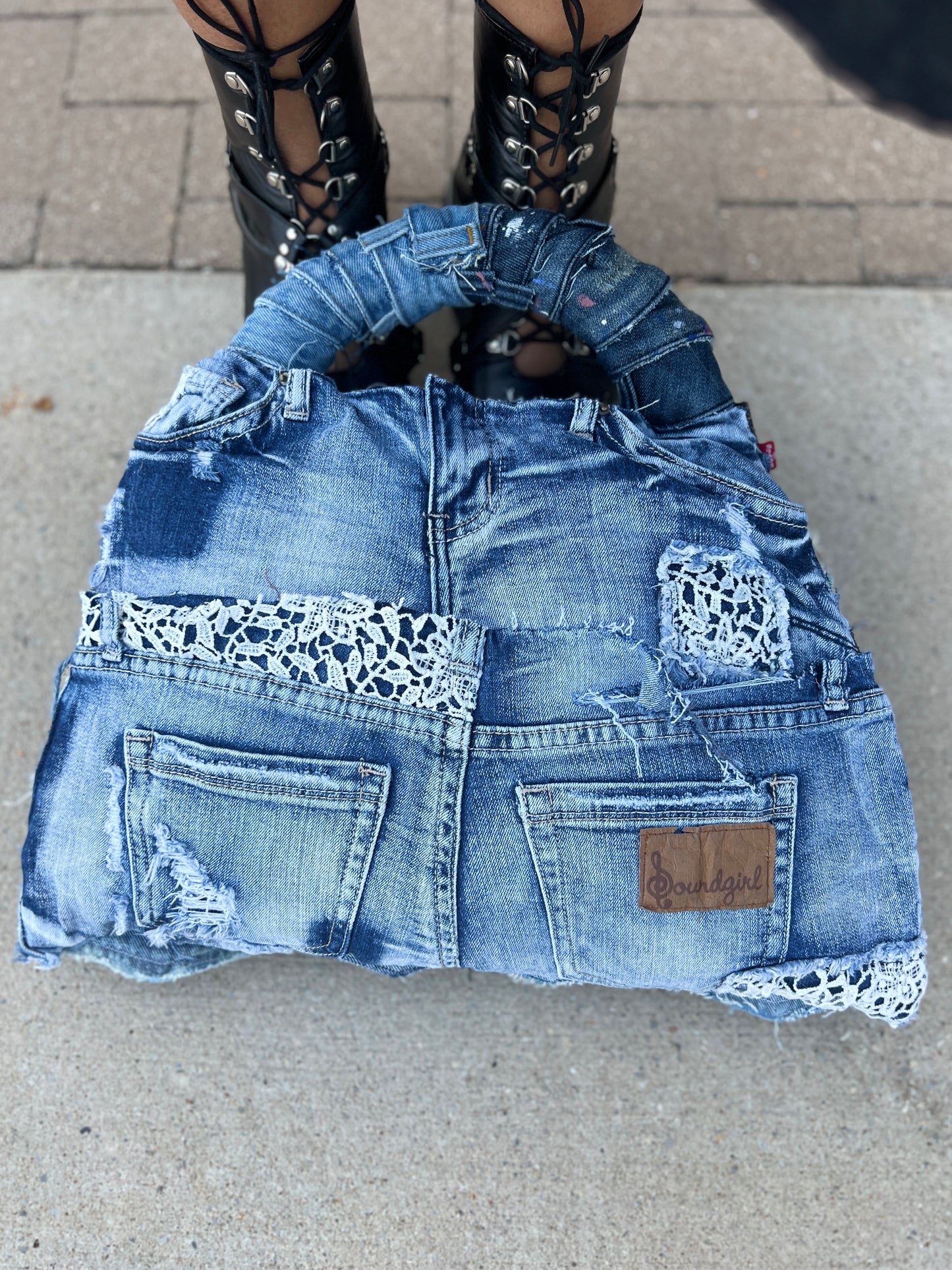 Lace Back Front Pockets Ugly Denim Patch Bag