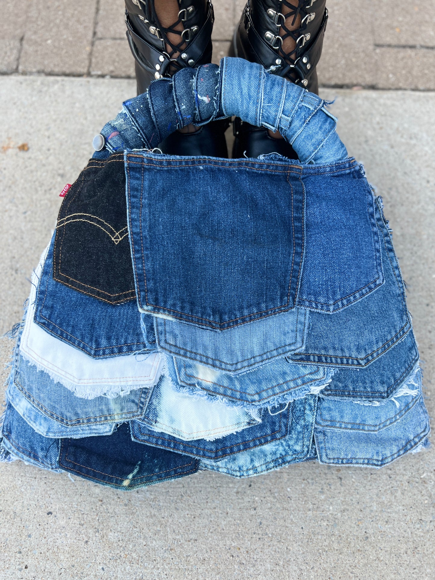 Lace Back Front Pockets Ugly Denim Patch Bag