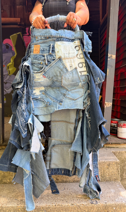 Bandana Zip Distressed Ugly Denim Upcycled Statement Bag front view