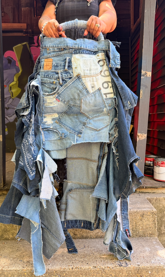 Bandana Zip Distressed Ugly Denim Upcycled Statement Bag front view