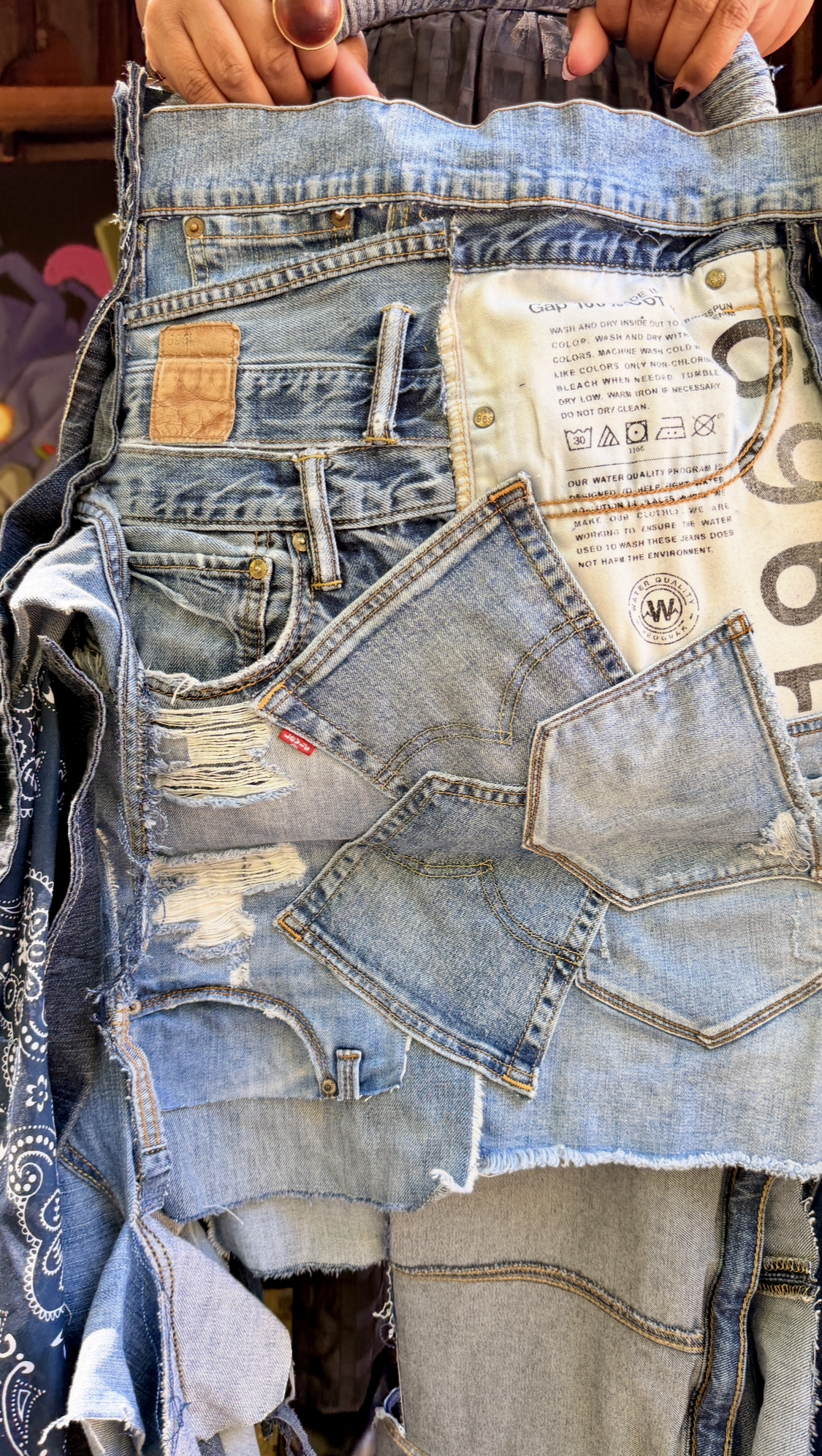 Bandana Zip Distressed Ugly Denim Upcycled Statement Bag close-up detail view