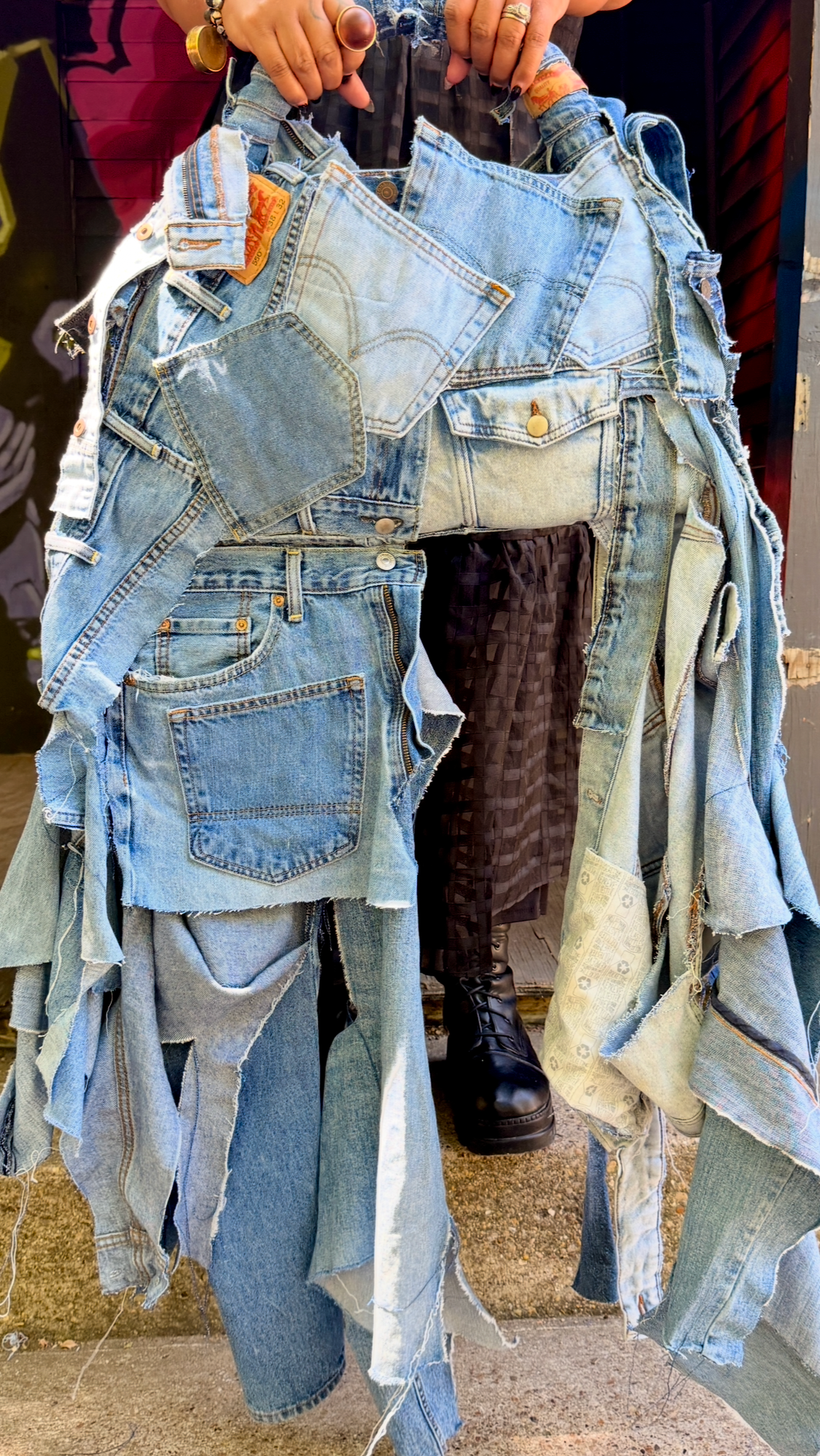 Janky Patch Fringe Ugly Denim Upcycled Statement Bag front view