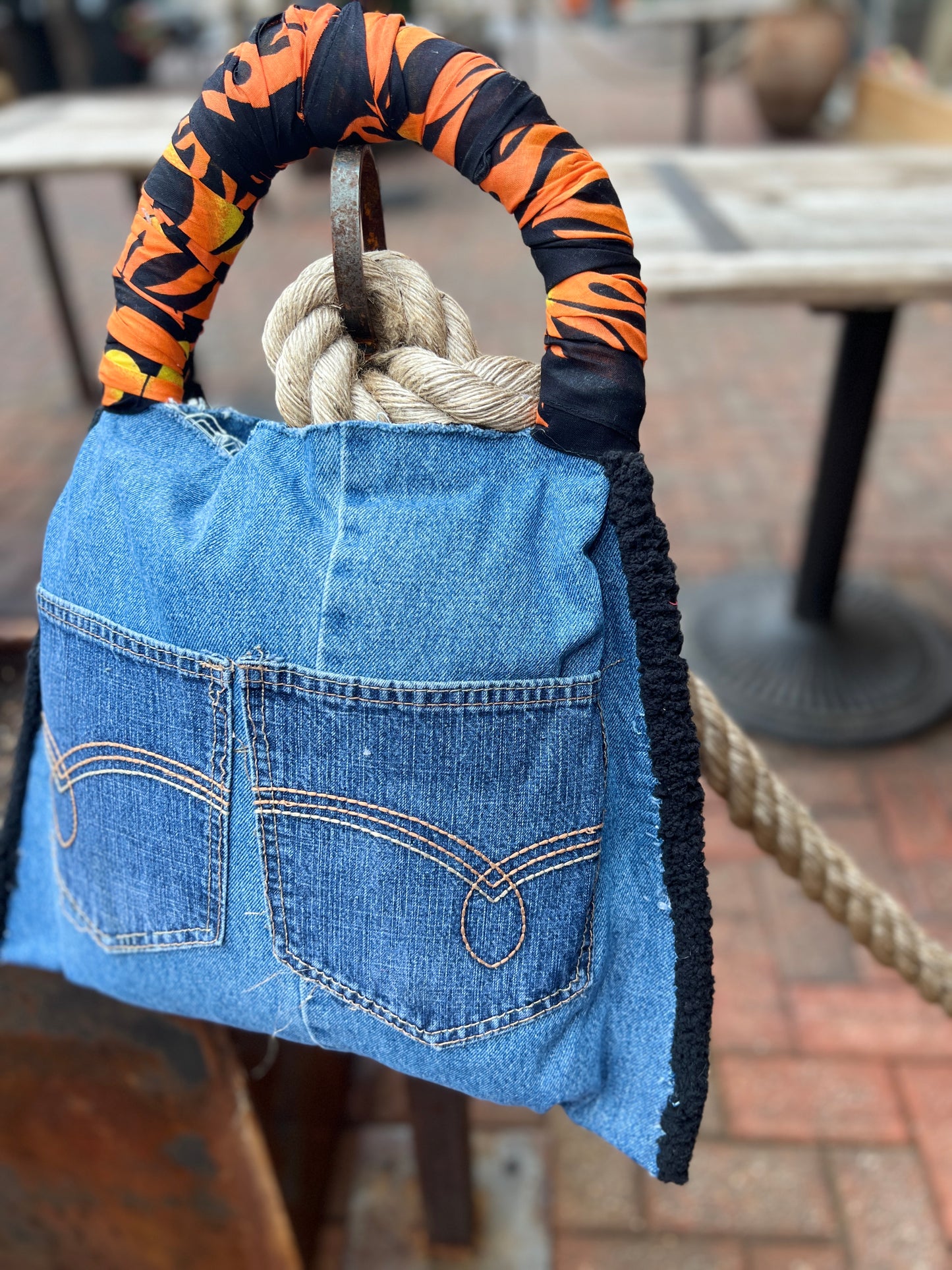 Light Wash Denim Jean Dominoes Bag Upcycle