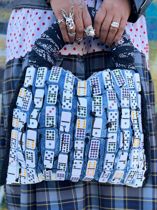 Mind Your Business Dominoes Denim Bag With Black Bandana :